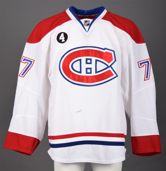 Tom Gilberts 2014-15 Montreal Canadiens Game-Worn Away Jersey with Team LOA - Beliveau Memorial Patch!