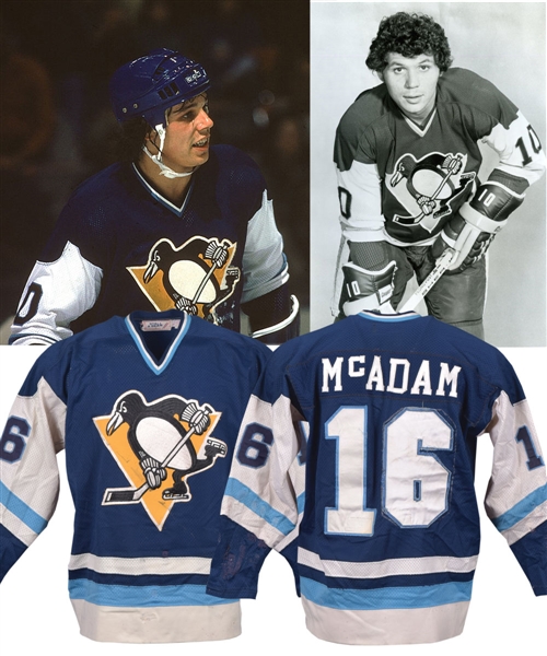 Pierre Larouches/Peter Lees/Gary McAdams 1977-79 Pittsburgh Penguins "Blue Penguins" Game-Worn Jersey - 20+ Team Repairs! - Photo-Matched To Larouche and Lee!