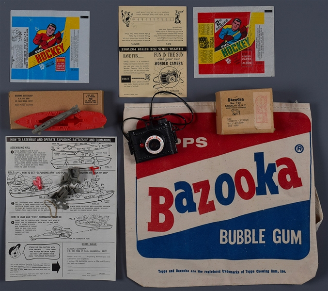 1969-70 O-Pee-Chee and Topps Hockey Wrappers with Bazooka Premium Offers - Camera and Battleship Premiums Included in Their Original Boxes!