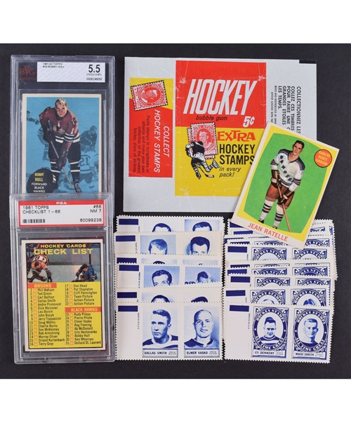 1961-62 Topps Hockey Stamps Near Complete Set (50/52) and Extras (10), Hockey Card Wrapper Plus 5 Cards Including #29 Bobby Hull, #60 Jean Ratelle RC and #66 Checklist