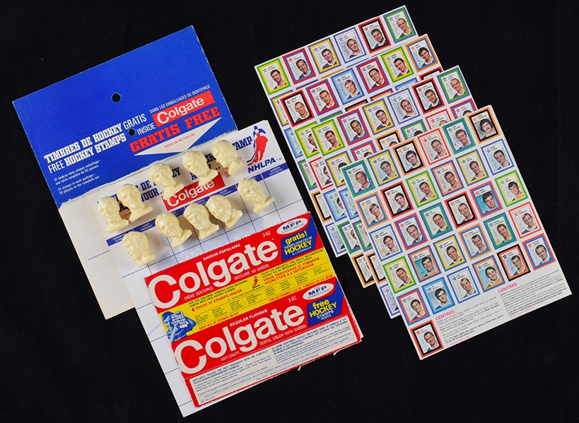 1970-71 Colgate Hockey Stamps Uncut Sheets (5) Including Full Set of 93 Stamps, Toothpaste Box with Ad and More Plus 1971-72 Colgate Hockey Heads Starter Set (10/17)