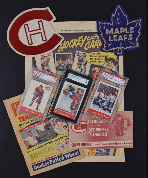 1940s/1950s Quaker Oats Hockey Collection with 1955-56 #50 Jacques Plante Rookie Card, Premium Crests and Booklet and More!