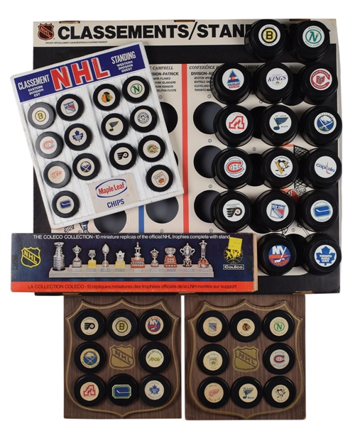 1972-74 Standard Brands NHL Pucks Set of 16 with Plaques, 1972-74 Coleco Trophy Set, 1977-78 Dairy Queen Sundae Pucks (16) with Standing Board Plus More!