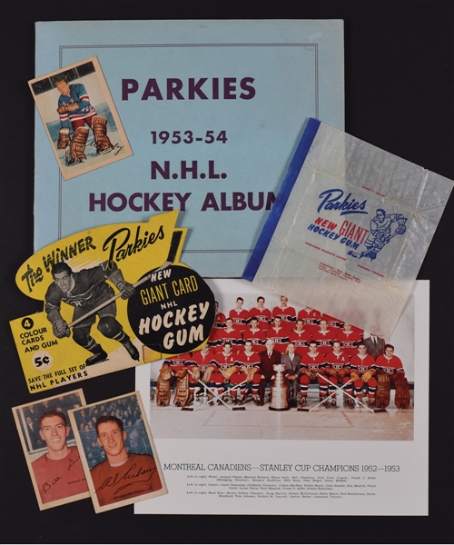1953-54 Parkhurst Hockey Collection with Wrapper, Wax Box Top, Album, Premium Picture and 3 Cards Including #53 Gump Worsley RC