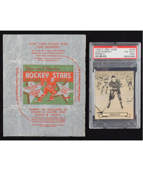 1936-37 O-Pee-Chee Hockey Series "D" Wrapper and #109 Alex Shibicky PSA-Graded RC Card