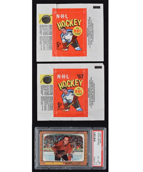 1966-67 Topps Hockey Wrappers (2) Including Both Variations and #61 Doug Mohns PSA-Graded Card