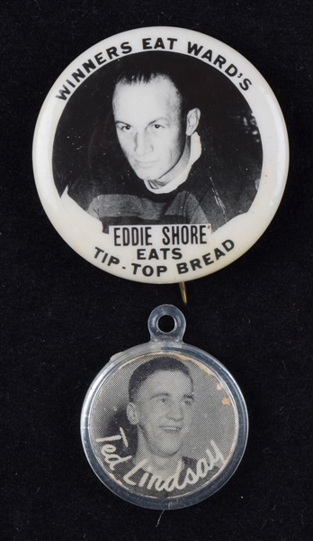 1940 Eddie Shore Boston Bruins Tip Top Bread Advertising Button Plus Late-1940s Ted Lindsay / Marty Barry Gumball Charm