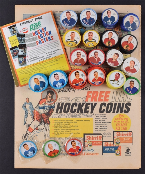 1960-61 and 1962-63 Shirriff Hockey Coin Complete Sets, Original Ads, Coins in Original Packaging and More!