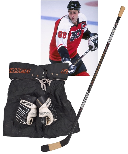 Eric Lindros 1990s Philadelphia Flyers Game-Used Equipment Collection Including Cooper Game-Used Gloves and Bauer Game-Used Stick with His Signed LOA