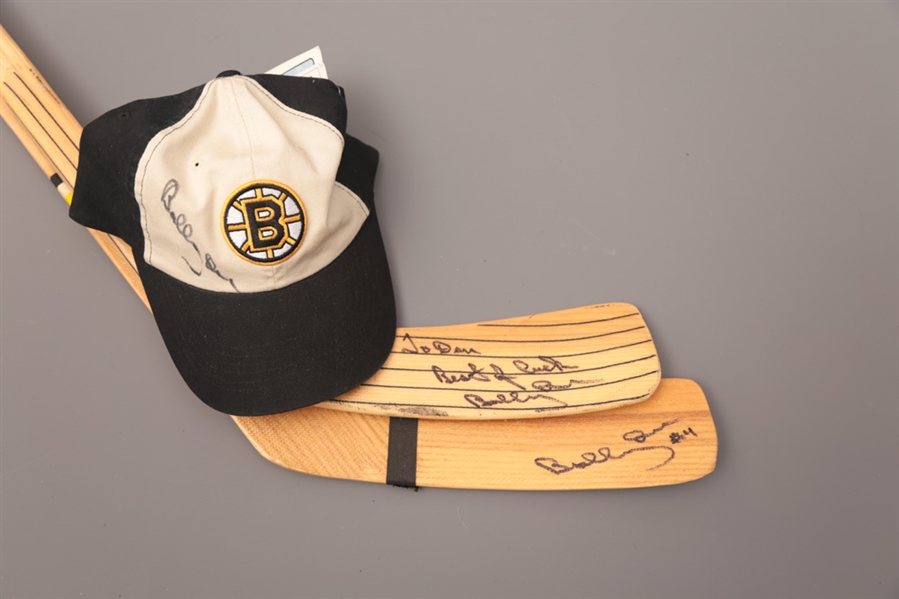 Bobby Orr Signed Boston Bruins Victoriaville Replica Stick Plus Hespeler Signed Stick and Signed Bruins Cap