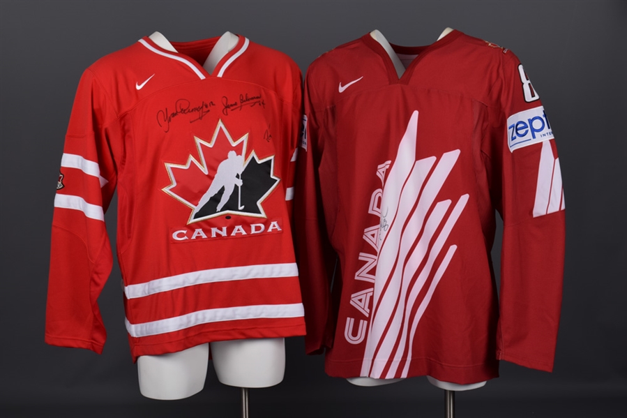 Scottie Upshall Signed 2009 IIHF World Championship Jersey with LOA Plus Team Canada Multi-Signed Jersey with Beliveau and Cournoyer