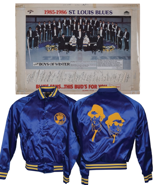 St. Louis Blues Memorabilia Collection with 1967-68 to 1986-87 Large Team Photo Negatives (6), 1985-86 Team-Signed Production Proof Poster and Circa 1980 "The Blues Brothers" Jacket