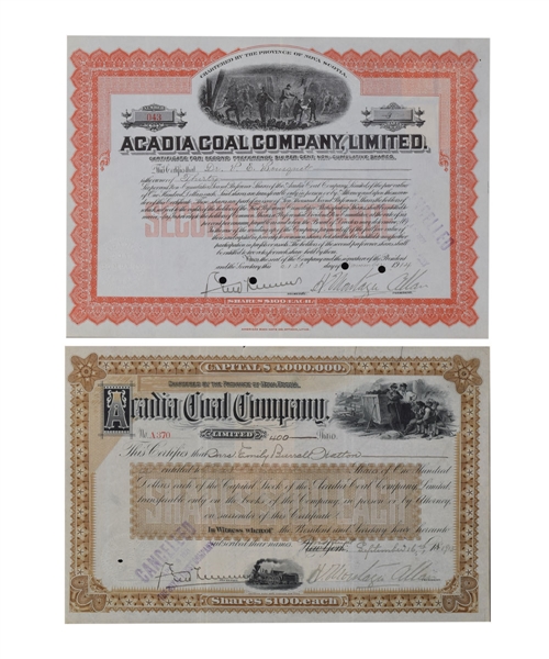 Deceased Hockey HOFer Sir Montagu Allan Signed 1910s Stock Certificates (2) with LOA