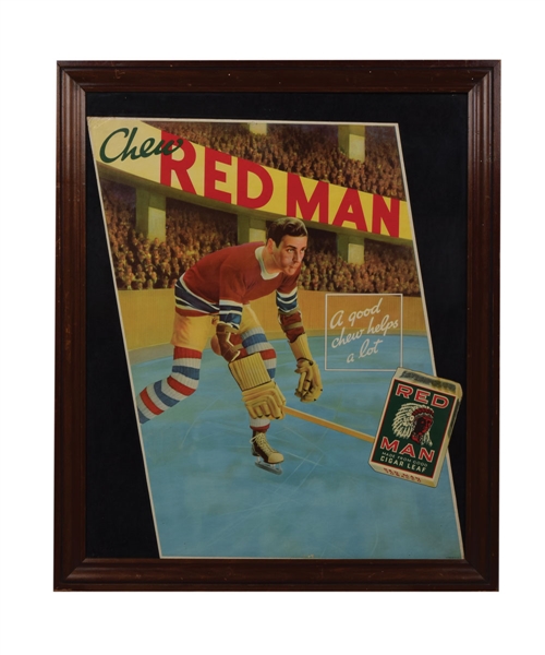 1930s Red Man Cigar Leaf Tobacco Framed Hockey Advertising Sign