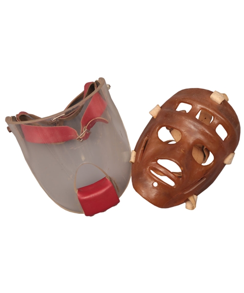 Goalie Mask Collection of 3 with 1950s Louch Mask and 1960s Pro-Style Caramel-Colored Fiberglass Goalie Mask