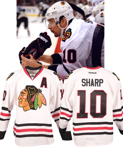 Patrick Sharps 2011-12 Chicago Black Hawks Game-Worn Alternate Captains Jersey with Team LOA - Team Repairs! - Photo-Matched!