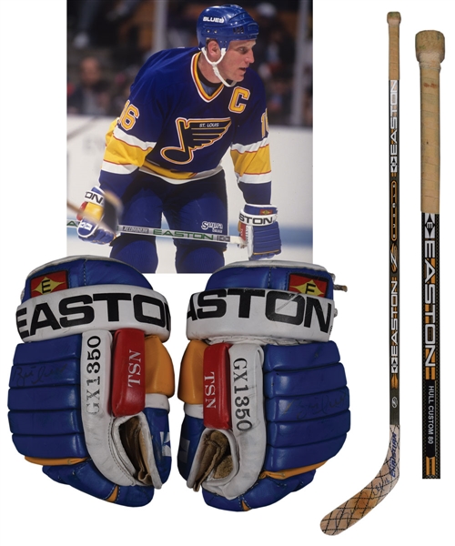 Brett Hulls Circa 1993-94 St. Louis Blues Signed Easton Game-Used Gloves Plus Late-1990s Signed Easton "Z" Bubble Game-Used Stick