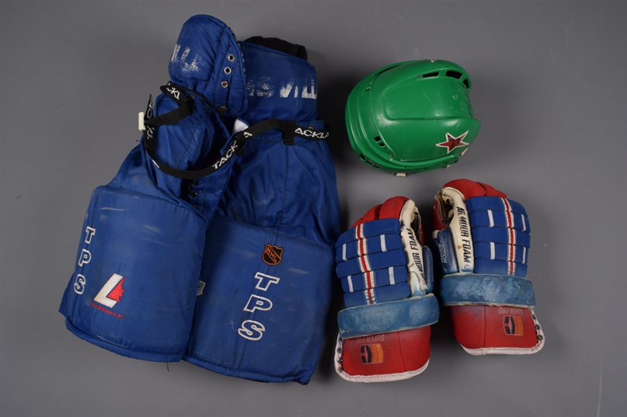 Brian Bellows Circa 1990 North Stars Signed Game-Worn Helmet, Mike Gartners 1995-96 Maple Leafs Game-Used Pants and Rod Langways Late-1980s Game-Used Gloves