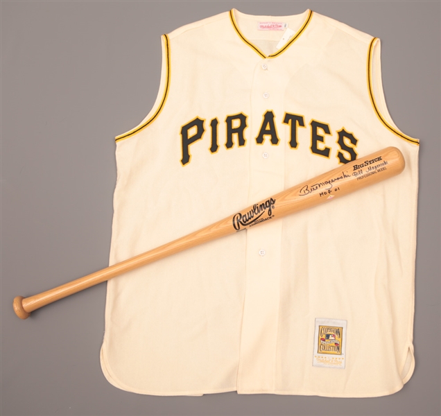Bill Mazeroski Signed Pittsburgh Pirates Mitchell & Ness 1960 Jersey Plus Signed Model Bat