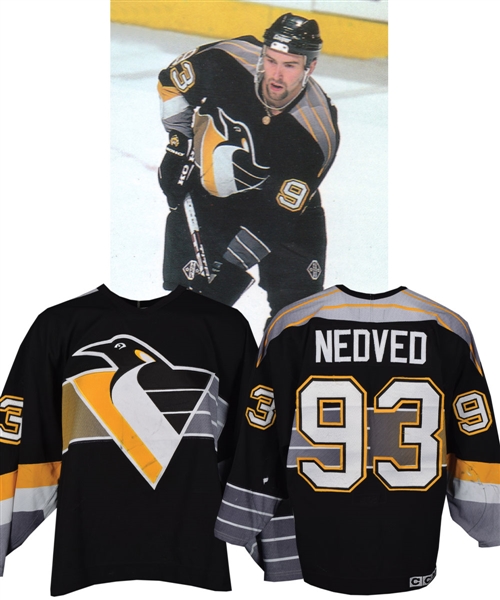 Petr Nedveds 1995-96 Pittsburgh Penguins Game-Worn Playoffs Third Jersey with LOA - Great Game Wear! - Photo-Matched!