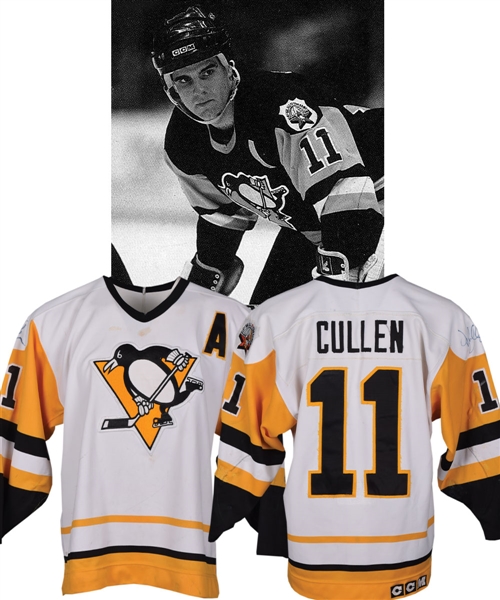 John Cullens 1989-90 Pittsburgh Penguins Signed Game-Worn Alternate Captains Jersey - 41st NHL All-Star Game Patch! - Great Game Wear! - 25+ Team Repairs!