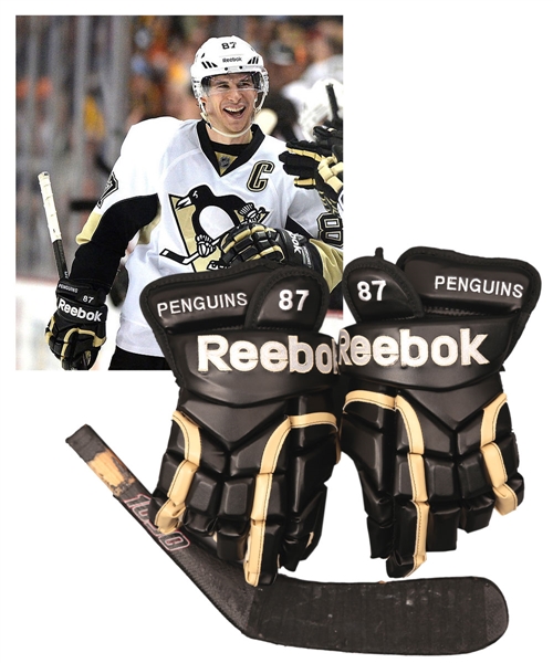 Sidney Crosbys 2013-14 Pittsburgh Penguins Reebok Game-Issued Gloves Plus Rookie-Era Sher-Wood Game-Used Blade with COAs