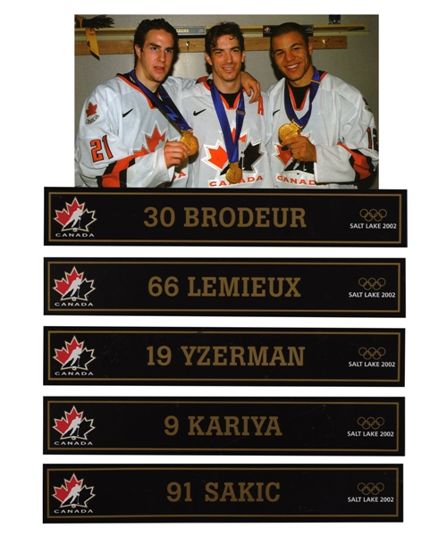 2002 Salt Lake City Winter Olympics Team Canada Locker Room Nameplate Collection of 5 - Lemieux! Brodeur! Sakic! Yzerman! Kariya!