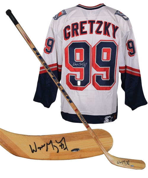 Wayne Gretzky Signed New York Rangers Lady Liberty Jersey from WGA with COA Plus Signed Hespeler Stick from UDA with COA