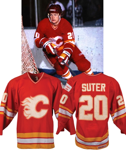 Gary Suters 1985-86 Calgary Flames Game-Worn Rookie Season Playoffs Jersey - Also Worn in 1986-87! - Photo-Matched to Both Seasons!