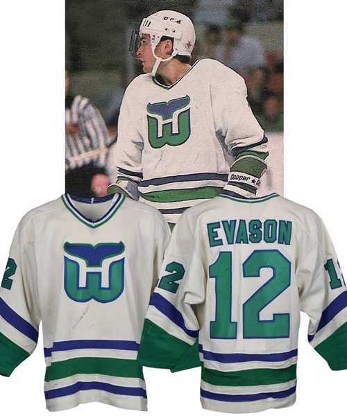 Dean Evasons 1986-87 Hartford Whalers Game-Worn Jersey - Team Repairs! - Photo-Matched!