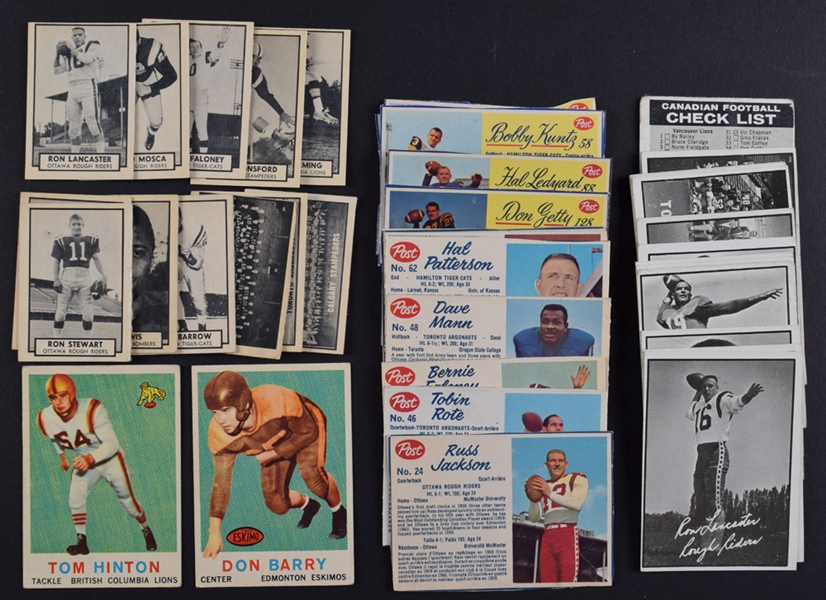 Football Card Collection with 1959 Topps CFL (13), 1961 Topps CFL (64), 1962 Topps CFL (69), 1962 Post CFL (27) and 1963 Post CFL (13) 