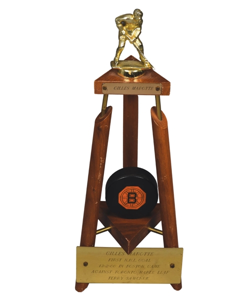 Gilles Marottes 1965-66 Boston Bruins 1st NHL Goal Trophy with Bruins 1964-67 Art Ross "Original Six" Puck - Scored Against Sawchuk!