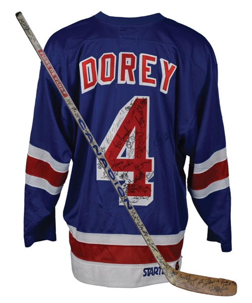 Jim Doreys Multi-Signed Oldtimers Jersey and Stick from Family with LOA
