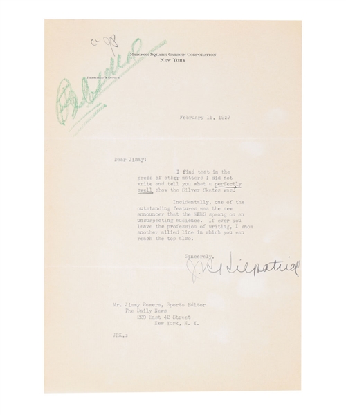 HOFer John Reed Kilpatrick Signed 1937 Typed Letter on Madison Square Gardens Corporation Letterhead with PSA/DNA LOA