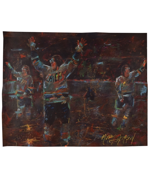 Slap Shot Hanson Brothers Original Painting on Canvas by Renowned Artist Murray Henderson (27” X 34 ½) 