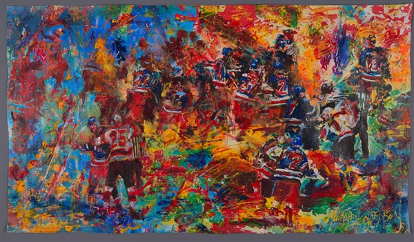 New York Rangers vs New Jersey Devils "March 19th 2012 Opening Faceoff Fights" Original Painting on Canvas by Renowned Artist Murray Henderson (19 ½” x 35”) 