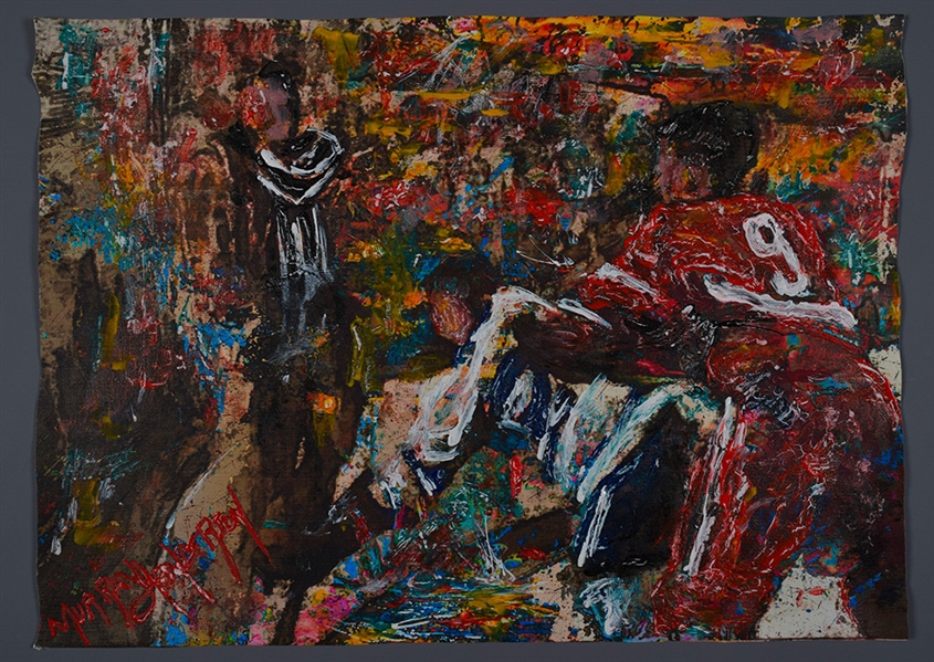 Gordie Howe Detroit Red Wings "Hit" Original Painting on Canvas by Renowned Artist Murray Henderson (17” x 23 ½”) 