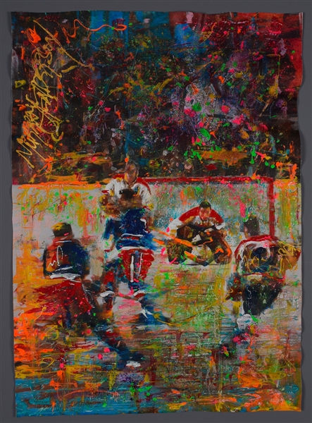 Jacques Plante Montreal Canadiens "1958 in Action" Original Painting on Canvas by Renowned Artist Murray Henderson (19 ½” x 27”)