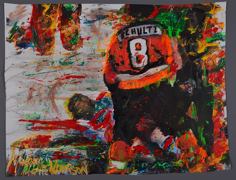 Dave "The Hammer" Schultz Philadelphia Flyers "Van Boxmeer Fight" Original Painting on Canvas by Renowned Artist Murray Henderson (18" x 23") 