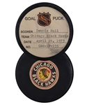 Dennis Hulls Chicago Black Hawks April 24th 1973 Playoff Goal Puck from the NHL Goal Puck Program - Semifinals Game-Winning Goal! - 6th Playoff Goal of Season / Career Playoff Goal #23