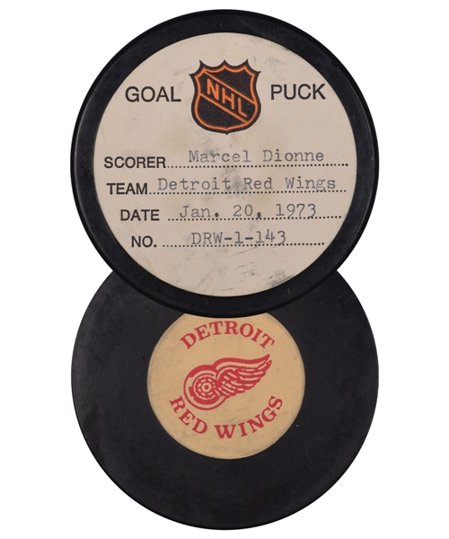 Marcel Dionnes Detroit Red Wings January 20th 1973 Goal Puck from the NHL Goal Puck Program - Game-Winning Goal! - 20th Goal of Season / Career Goal #48