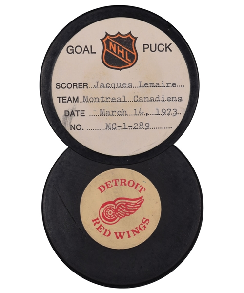 Jacques Lemaires Montreal Canadiens March 14th 1973 Goal Puck from the NHL Goal Puck Program - 40th Goal of Season / Career Goal #183
