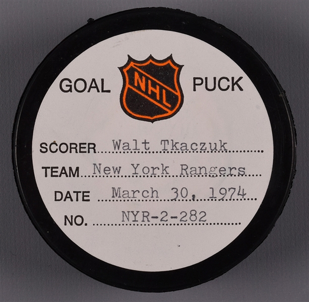 Walt Tkaczuks New York Rangers March 30th 1974 Goal Puck from the NHL Goal Puck Program - 20th Goal of Season / Career Goal #136