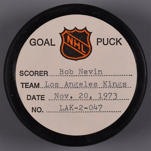 Bob Nevins Los Angeles Kings November 20th 1973 Goal Puck from the NHL Goal Puck Program - 7th Goal of Season / Career Goal #250