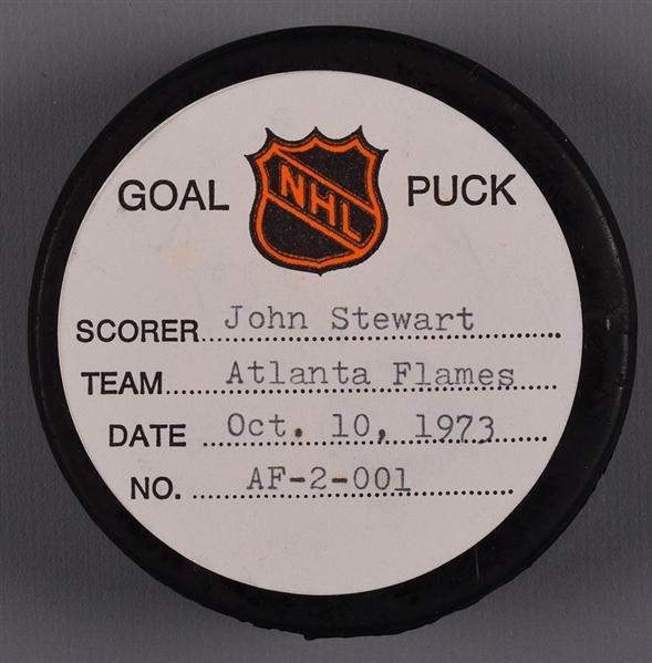 John Stewarts Atlanta Flames October 10th 1973 Goal Puck from the NHL Goal Puck Program - 1st Goal of Season / Career Goal #22 