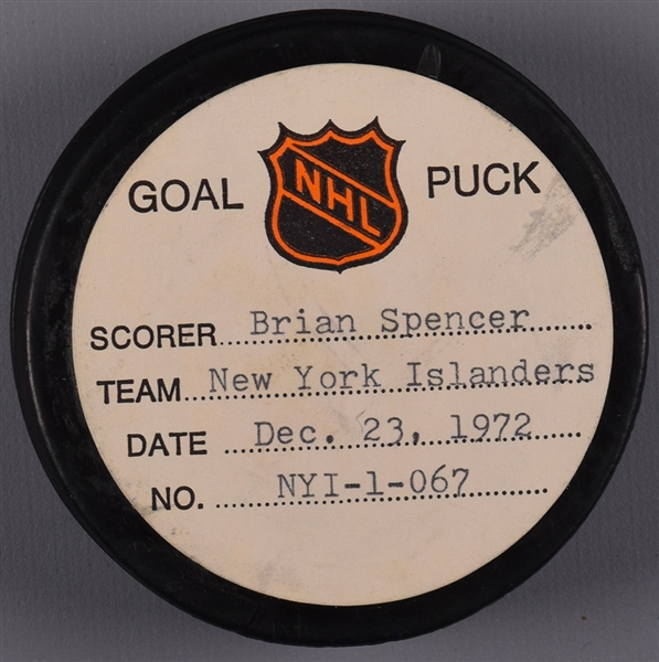 Brian Spencers New York Islanders December 23rd 1972 Goal Puck from the NHL Goal Puck Program - 5th Goal of Season / Career Goal #15