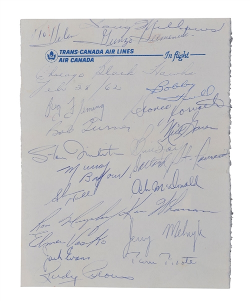 Chicago Black Hawks 1961-62 Stanley Cup Finalists Team-Signed Sheet by 18 with Pilous, Hull, Mikita, Pilote and Hall with LOA