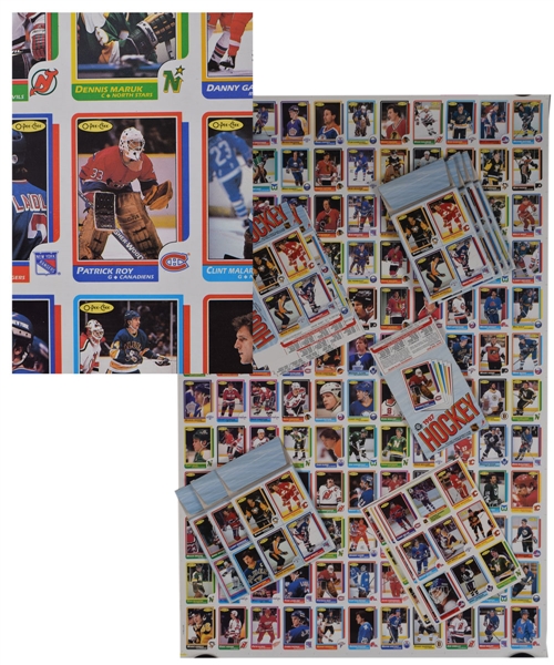 1986-87 O-Pee-Chee Hockey 264-Card Set in Uncut Sheets (2) with Patrick Roy RC, Full Box Bottom Sets (2) Plus Complete 264-Card Set in 32 Panels