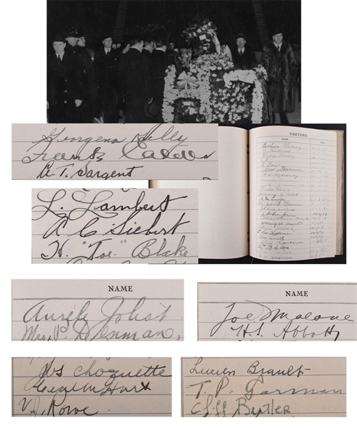 Exceptional 1937 Howie Morenz Funeral Visitors Book Signed by 2000+ Including Deceased HOFers Joliat, Malone, Siebert, Blake, Taylor, Gorman and Others with Family LOA