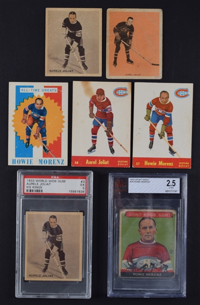 Howie Morenz and Aurele Joliat 1930s/1950s Ice Kings, Sports Kings, Hamilton Gum and Others Hockey Card Collection of 7